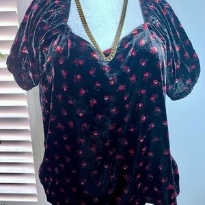 LOFT Black Velvet Top with Red Floral Pattern